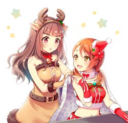 Rule 34 | 2girls, alternate hairstyle, animal ears, antlers, bandeau, bare shoulders, bell, belt, blue cape, blunt bangs, blush, bow, bowtie, breasts, brown belt, brown dress, brown eyes, brown hair, brown sleeves, cape, chair, christmas, deer ears, detached sleeves, dot nose, dress, fake animal ears, fake antlers, floral print, flower, fur-trimmed bandeau, fur-trimmed dress, fur-trimmed sleeves, fur choker, fur trim, glint, hair flower, hair ornament, hand on own shoulder, hands on another&#039;s shoulders, hands up, hat, hojo karen, horns, idolmaster, idolmaster cinderella girls, idolmaster cinderella girls starlight stage, kamiya nao, long hair, long sleeves, looking at another, looking back, medium breasts, midriff, multiple girls, navel, neck bell, on chair, open mouth, orange hair, plaid, plaid bow, plaid bowtie, print cape, red bandeau, red eyes, red flower, red ribbon, red sleeves, reindeer antlers, ribbon, santa hat, serino itsuki, sitting, smile, star (symbol), thick eyebrows, two-tone bowtie, white background, white ribbon