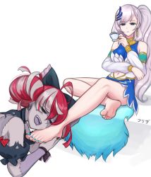 Rule 34 | 2girls, ahoge, bare legs, barefoot, black nails, blunt ends, bow, breasts, closed eyes, clothing cutout, colored skin, commentary, cup, detached sleeves, dress, earrings, efreezerarts, english commentary, fangs, feather hair ornament, feathers, feet, foot worship, full body, grey hair, grey skin, hair bow, hair ornament, holding, hololive, hololive indonesia, jewelry, kureiji ollie, large breasts, legs, multicolored hair, multicolored skin, multiple girls, nail polish, navel cutout, open mouth, parted lips, patchwork skin, pavolia reine, ponytail, red hair, signature, simple background, sitting, sleeveless, sleeveless dress, soles, stitched arm, stitched face, stitched torso, stitches, streaked hair, teacup, thighs, toenail polish, toenails, toes, two-tone skin, upper body, virtual youtuber, white background, yuri, zombie