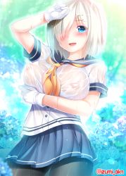 Rule 34 | 10s, 1girl, between breasts, black pantyhose, blue background, blue eyes, blue skirt, blush, breast lift, breasts, cowboy shot, floral background, gloves, hair ornament, hair over one eye, hairclip, hamakaze (kancolle), hand on own head, izumi akane, kantai collection, large breasts, lips, looking at viewer, neckerchief, nipples, open mouth, pantyhose, pleated skirt, sailor collar, school uniform, see-through, serafuku, short hair, short sleeves, silver hair, skirt, solo, twitter username, upper body, wet, wet clothes, yellow neckerchief