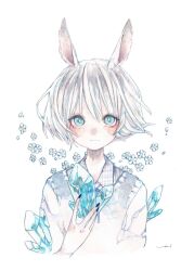 Rule 34 | 1girl, :|, animal ears, blue eyes, blue flower, blush, bright pupils, closed mouth, collared shirt, cropped torso, crystal, flower, highres, holding, holding crystal, looking at viewer, original, painting (medium), rabbit ears, shirt, short hair, signature, simple background, solo, straight-on, traditional media, umi cryblue, upper body, watercolor (medium), white background, white hair, white pupils, white shirt
