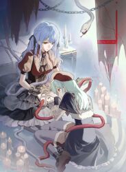 2girls ascot bang_dream! bang_dream!_it&#039;s_mygo!!!!! beret black_ascot black_capelet black_corset black_gloves black_ribbon black_skirt blue_brooch blue_hair book candle candlestand capelet chain closed_mouth commentary corset cross english_commentary full_body gloves green_hair hair_ribbon hat highres long_hair long_sleeves mortis_(bang_dream!) multiple_girls oblivionis_(bang_dream!) open_book puffy_short_sleeves puffy_sleeves red_hat red_shirt red_snake ribbon second-party_source shirt short_sleeves sidelocks sitting skirt snake theta_(swfh8575) togawa_sakiko two_side_up wakaba_mutsumi watermark white_snake yellow_eyes