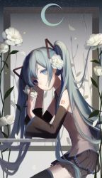Rule 34 | 1girl, bad id, bad pixiv id, black skirt, blue eyes, blue hair, commentary, crescent moon, detached sleeves, elbow rest, expressionless, flower, flower request, grey shirt, hair flower, hair ornament, hand on own cheek, hand on own face, hatsune miku, head tilt, holding, holding flower, leaf, long hair, moon, neko wata (33202433), petals, shaded face, shirt, sitting, skirt, sleeveless, sleeveless shirt, solo, table, thighhighs, thighs, twintails, very long hair, vocaloid, white flower