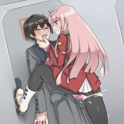 Rule 34 | 10s, 1boy, 1girl, :d, aqua eyes, black hair, black pantyhose, blush, boots, cameltoe, censored, closed eyes, clothed sex, cum, darling in the franxx, ejaculation, face grab, femdom, foot kabedon, grin, grinding, hair between eyes, height difference, hiro (darling in the franxx), horns, kabedon, long hair, maji-pan, military, military uniform, open mouth, pantyhose, penis, pink hair, smile, standing, standing on one leg, uniform, zero two (darling in the franxx)