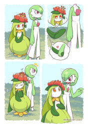 Rule 34 | 2girls, puff of air, artist name, blue sky, blush, bob cut, border, colored sclera, colored skin, comic, creatures (company), dated, day, eye contact, female focus, flat chest, flower, flying sweatdrops, full body, game freak, gardevoir, gen 3 pokemon, gen 5 pokemon, grass, green hair, green skin, hair flower, hair ornament, hair over one eye, hand up, happy, heart, interspecies, lilligant, long hair, looking at another, looking down, looking up, monster girl, multicolored skin, multiple girls, multiple views, nintendo, no mouth, notice lines, one eye covered, open mouth, orange sclera, outdoors, own hands together, plant girl, pointing, pokemon, pokemon (creature), red eyes, red flower, rina cat, short hair, sidelocks, sky, smile, speech bubble, standing, sweat, thought bubble, twitter username, two-tone skin, walking, watermark, white border, white eyes, white skin, yuri