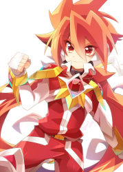Rule 34 | 1boy, belt, belt buckle, buckle, clenched hand, fingerless gloves, gloves, long sleeves, looking at viewer, male focus, outstretched arm, pants, red eyes, red hair, red pants, red shirt, rento (rukeai), saikyou ginga ultimate zero ~battle spirits~, shirt, simple background, smile, solo, spiked hair, white background, zero the burning