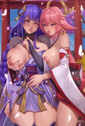 Rule 34 | 2girls, artist name, braid, breasts, commentary, english commentary, exlic, falling petals, fingernails, genshin impact, grabbing, grabbing another&#039;s breast, highres, hug, japanese clothes, kimono, large breasts, long hair, multiple girls, one eye closed, open mouth, patreon username, petals, pink hair, puffy nipples, purple eyes, purple hair, raiden shogun, standing, thighs, tongue, tongue out, yae miko, yuri