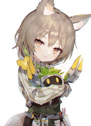 Rule 34 | 1girl, animal, arknights, bad id, bad twitter id, beanstalk (arknights), blush, bottle, brown hair, claws, commentary, crab, fang, flower, flower on head, happy, holding, holding animal, looking at viewer, metal crab (arknights), no headwear, open mouth, shirt, simple background, spray bottle, striped clothes, striped shirt, tool belt, toufu mentaru zabuton, upper body, white background, white shirt, yellow eyes, yellow flower