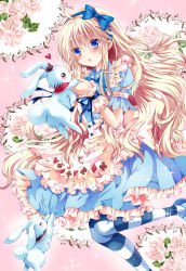 Rule 34 | 1girl, alice (alice in wonderland), alice in wonderland, apron, blonde hair, blue dress, blue eyes, blush, bow, dress, flower, hair bow, long hair, nogi takayoshi, open mouth, pantyhose, puffy sleeves, rabbit, shoes, short sleeves, solo, striped clothes, striped pantyhose