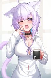 Rule 34 | 1girl, agibe, ahoge, animal ear fluff, animal ears, breasts, cat ears, cat girl, choker, cleavage, collarbone, collared shirt, commentary request, cup, highres, holding, holding cup, hololive, large breasts, nekomata okayu, nekomata okayu (oversized shirt), one eye closed, open mouth, purple eyes, purple hair, shirt, solo, tail, virtual youtuber, white shirt, yawning