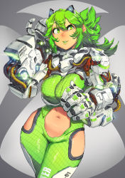 Rule 34 | 1girl, animal ears, bodysuit, breasts, cat ears, clothing cutout, contrapposto, eureka brider, eyeshadow, fake animal ears, game console, green bodysuit, green eyes, green hair, green lips, green theme, highres, hip vent, large breasts, lipstick, long hair, makeup, mechanical arms, messy hair, microsoft, navel, navel cutout, neon trim, os-tan, personification, ponytail, product girl, skin tight, solo, standing, xbox one, xbox one (personification)