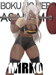 Rule 34 | 1girl, animal ears, barbell, bike shorts, biting, biting clothes, black sports bra, boku no hero academia, breasts, brown shirt, character name, cleavage, copyright name, crescent print, dark-skinned female, dark skin, exercising, hair between eyes, hair over one eye, highres, knee brace, large breasts, long eyelashes, long hair, looking ahead, midriff, mirko, muscular, muscular female, rabbit ears, rabbit girl, red eyes, red wrist cuffs, shirt, smile, solo, sports bra, stomach, strong, thighs, weightlifting, weights, white background, white hair, wrist cuffs, zukululuu