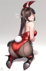 Rule 34 | 1girl, animal ears, artist logo, ass, breasts, brown hair, crossed arms, detached collar, fake animal ears, fake tail, from behind, high heels, highres, hiyou (kancolle), kantai collection, kneeling, large breasts, leotard, long hair, looking back, open mouth, patent heels, playboy bunny, pumps, red eyes, red footwear, red leotard, rokuwata tomoe, shoes, simple background, solo, stiletto heels, tail, very long hair, white background
