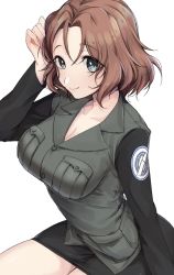 Rule 34 | 1girl, azumi (girls und panzer), black jacket, black skirt, blue eyes, breasts, brown hair, cleavage, closed mouth, commentary, emblem, girls und panzer, hand in own hair, highres, jacket, long sleeves, looking at viewer, military, military uniform, miniskirt, no shirt, parted bangs, pencil skirt, selection university (emblem), selection university military uniform, short hair, simple background, sitting, skirt, smile, solo, tarou (komekueyo), uniform, white background