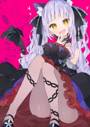 Rule 34 | 1girl, alternate eye color, animal ear fluff, animal ears, aoiro 0w0, ass, bad id, bad twitter id, bare shoulders, black bow, black dress, black footwear, black ribbon, blunt bangs, bow, cat ears, cat tail, chain print, checkered choker, choker, dangle earrings, detached sleeves, dress, earrings, fang, fingernails, fingers to mouth, floral background, frilled bow, frills, full body, gothic lolita, grey pantyhose, halter dress, halterneck, hand up, head tilt, heart, highres, hololive, jewelry, knees up, lagunaya, leaf print, light purple hair, lolita fashion, long hair, looking at viewer, murasaki shion, murasaki shion (gothic lolita), open mouth, pantyhose, pinstripe dress, pinstripe pattern, print pantyhose, ribbon, sidelocks, sitting, solo, spaghetti strap, striped, tail, tail bow, tail ornament, thighs, tsurime, twintails, very long hair, virtual youtuber, wavy mouth, yellow eyes