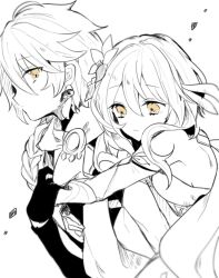 Rule 34 | 1boy, 1girl, aether (genshin impact), brother and sister, closed mouth, dress, earrings, flower, genshin impact, gloves, greyscale, hair flower, hair ornament, hug, hug from behind, jewelry, looking at another, looking down, lumine (genshin impact), monochrome, scarf, short hair with long locks, siblings, spot color, twins, upper body, yae (yae ringo), yellow eyes, yellow theme