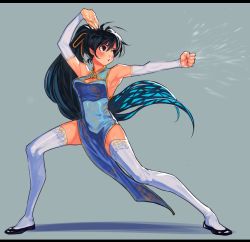 Rule 34 | 1girl, antenna hair, armpits, bad id, bad twitter id, black hair, blue eyes, blush, bukimi isan, china dress, chinese clothes, cleavage cutout, clenched hand, clothing cutout, detached sleeves, dress, fighting stance, full body, ganaha hibiki, gold trim, high ponytail, idolmaster, idolmaster (classic), long hair, pelvic curtain, ponytail, simple background, solo, thighhighs