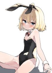 Rule 34 | 1girl, absurdres, animal ears, bare legs, black leotard, blonde hair, bow, bowtie, breasts, detached collar, fake animal ears, female focus, gingerbullet, girls und panzer, green eyes, highres, katyusha (girls und panzer), leotard, looking at viewer, playboy bunny, rabbit ears, rabbit tail, red bow, red bowtie, short hair, simple background, sitting, small breasts, solo, strapless, strapless leotard, tail, white background, wrist cuffs