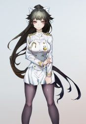Rule 34 | 1girl, animal ears, azur lane, black hair, black pantyhose, blush, breasts, clenched hand, closed mouth, cowboy shot, dog ears, grey background, hair between eyes, hair flaps, hair ribbon, highres, holding own arm, kabi (zcwd8845), large breasts, long hair, looking at viewer, military, military uniform, miniskirt, pantyhose, pleated skirt, ponytail, ribbon, skirt, smile, solo, standing, takao (azur lane), uniform, very long hair
