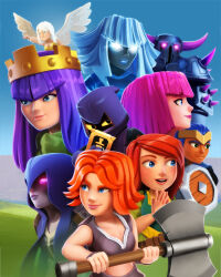 Rule 34 | 6+girls, archer (clash of clans), archer queen, armor, axe, blue eyes, clash of clans, crown, dark-skinned female, dark skin, electro titan (clash of clans), fake horns, glowing, glowing eyes, headhunter (clash of clans), healer (clash of clans), highres, holding, holding axe, holding weapon, hood, horned headwear, horns, medium hair, multiple girls, official art, orange hair, p.e.k.k.a, pink eyes, pink hair, purple hair, valkyrie (clash of clans), weapon, white hair, wings, witch (clash of clans)
