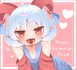 Rule 34 | 1girl, ahoge, bare shoulders, blue hair, blue ribbon, blush, candy, chocolate, chocolate heart, collarbone, commentary request, detached sleeves, flat chest, food, grey hair, happy valentine, harunoha, heart, heart background, highres, horizontal pupils, horn ornament, horn ribbon, horns, leaning forward, outline, petite, pink background, pointy ears, red eyes, ribbon, simple background, solo, tongue, tongue out, touhou, toutetsu yuuma, v-shaped eyebrows, valentine, white outline