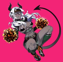 1girl belt bikini bikini_top_only cheerleader dark-skinned_female dark_skin demon_girl demon_horns demon_tail gaak11977 helltaker highleg horns judgement_(helltaker) kneehighs long_hair pom_pom_(cheerleading) shoes sneakers socks solo swimsuit tail twintails white_hair