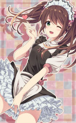 Rule 34 | 10s, 1boy, ;d, blowing kiss, blush, brown hair, covering crotch, covering privates, frilled skirt, frills, green eyes, heart, idolmaster, idolmaster side-m, looking at viewer, maid, male focus, mizushima saki, one eye closed, open mouth, remoyona, skirt, smile, solo, standing, trap, twintails, white skirt