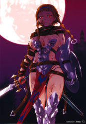 Rule 34 | 1girl, absurdres, armor, belt, blonde hair, blood, braid, breasts, buckle, cameltoe, cleavage, curvy, exiled warrior leina, hairband, highres, large breasts, legs, leina (queen&#039;s blade), leina (queen's blade), loincloth, long hair, moon, night, night sky, official art, panties, queen&#039;s blade, red eyes, revealing clothes, shield, short hair with long locks, side braid, sky, solo, strap, sword, thigh gap, thighs, thong, tsukino jougi, twin braids, twintails, underwear, weapon, wide hips