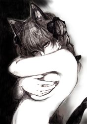 Rule 34 | 1girl, animal ears, braid, breasts, cat ears, cat tail, covering privates, covering breasts, crossed arms, fingernails, ginji (sakaki summer), graphite (medium), kaenbyou rin, long fingernails, looking at viewer, medium breasts, monochrome, multiple tails, nekomata, nude, slit pupils, solo, tail, touhou, traditional media, twin braids
