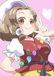 Rule 34 | 1girl, blush, brown eyes, closed mouth, heart, highres, light brown hair, magatama, orb, pink background, puffy short sleeves, puffy sleeves, red shirt, rokugou daisuke, shirt, short hair, short sleeves, signature, simple background, skirt, smile, solo, tamatsukuri misumaru, touhou, upper body, v, yellow skirt