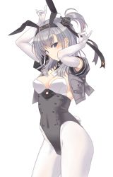 Rule 34 | 1girl, adapted costume, animal ears, armpit peek, arms up, black hairband, blush, breasts, cleavage, closed eyes, covered navel, cowboy shot, cropped jacket, detached collar, elbow gloves, fake animal ears, fake tail, gloves, grey hair, grey jacket, hairband, jacket, kantai collection, leotard, long hair, medium breasts, nakadori (movgnsk), one side up, open clothes, open jacket, pantyhose, playboy bunny, pocket, purple eyes, rabbit ears, rabbit tail, short sleeves, simple background, smile, solo, strapless, strapless leotard, suzutsuki (kancolle), tail, white background, white gloves, white pantyhose, wing collar