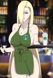 Rule 34 | 1girl, absurdres, apron, blonde hair, blue eyes, breasts, cleavage, highres, huge breasts, iced latte with breast milk (meme), impure doncelle, large breasts, long hair, meme, nail polish, naruto, naruto (series), naruto shippuuden, sideboob, smile, solo, standing, very long hair, yamanaka ino