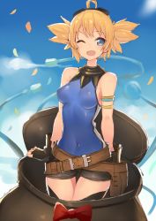 Rule 34 | 10s, 1girl, ahoge, animal costume, armlet, bare shoulders, belt, black gloves, blonde hair, blue eyes, blush, confetti, covered navel, fang, fingerless gloves, gloves, goggles, goggles on head, granblue fantasy, highres, kame^^, leotard, one eye closed, open mouth, pengie, penguin costume, short hair, short shorts, short twintails, shorts, sketch, smile, solo, twintails