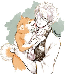 Rule 34 | 1boy, animal, bare pectorals, dog, grimace, hair between eyes, holding, holding animal, holding dog, kimetsu no yaiba, krit, licking, licking another&#039;s face, long sleeves, male focus, one eye closed, pectorals, scar, scar on arm, scar on chest, scar on face, scar on forehead, scar on nose, shiba inu, shinazugawa sanemi, solo, twitter username, white hair