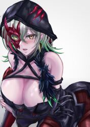 Rule 34 | 1girl, absurdres, artist request, bare shoulders, blush, breasts, cleavage, detached sleeves, diabellstar the black witch, dress, duel monster, gloves, green eyes, green hair, half mask, highres, hood, hood up, large breasts, mask, multicolored hair, pale skin, red mask, solo, tagme, yu-gi-oh!