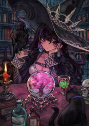 Rule 34 | 1girl, absurdres, animal, bird, bird on hand, black cat, black hair, book, bookshelf, bottle, breasts, candle, candlestand, cat, cherry blossoms, choker, cleavage, commentary request, crow, crystal ball, cup, drinking glass, earrings, elbow rest, hat, head rest, highres, indoors, jewelry, library, long hair, long sleeves, medium breasts, multicolored hair, multiple rings, original, purple choker, purple eyes, purple hair, ring, sabamiso taro, skull, solo, streaked hair, table, tree, upper body, witch, witch hat