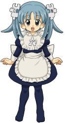 Rule 34 | 1girl, :d, absurdres, apron, blue dress, blue eyes, blue hair, blue pantyhose, blush, bow, child, clothes writing, dress, fingernails, flat chest, flipped hair, frilled apron, frills, full body, hair ornament, happy, highres, juliet sleeves, kasuga (kasuga39), long fingernails, long sleeves, looking at viewer, maid, maid apron, matching hair/eyes, no shoes, open mouth, pantyhose, parted bangs, puffy long sleeves, puffy sleeves, puzzle piece, short dress, short hair, short twintails, simple background, sleeve cuffs, smile, solo, standing, twintails, waist apron, white background, wikipe-tan, wikipedia