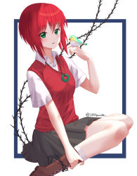 Rule 34 | 1girl, absurdres, bad id, bad pixiv id, bird, bird on hand, black skirt, boots, brown footwear, dress shirt, green eyes, hair between eyes, hatori chise, highres, jewelry, mahou tsukai no yome, miniskirt, necklace, parted lips, pleated skirt, red hair, red vest, sarablanche, sarablanche, shirt, short hair, short sleeves, sitting, skirt, solo, twitter username, vest, wariza, white legwear, white shirt