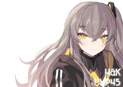 Rule 34 | 1girl, armband, blush, character name, closed mouth, crossed bangs, girls&#039; frontline, grey hair, hair between eyes, hair ornament, highres, hood, hood down, hooded jacket, jacket, jingo, long hair, looking at viewer, one side up, open clothes, open jacket, scar, scar across eye, scar on face, scarf, shirt, sidelocks, simple background, smile, solo, ump45 (girls&#039; frontline), upper body, yellow eyes