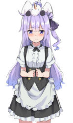 Rule 34 | 1girl, apron, azur lane, black ribbon, black skirt, blush, center frills, closed mouth, commentary request, cowboy shot, frilled apron, frilled skirt, frills, hair between eyes, hair bun, hair ribbon, highres, kohakope, long hair, looking at viewer, on head, one side up, own hands together, pleated skirt, puffy short sleeves, puffy sleeves, purple eyes, purple hair, ribbon, shirt, short sleeves, side bun, simple background, single hair bun, single side bun, skirt, solo, stuffed animal, stuffed toy, stuffed winged unicorn, tears, underbust, unicorn (azur lane), very long hair, waist apron, white apron, white background, white shirt