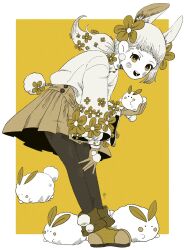 Rule 34 | 1girl, animal, animal ears, blunt bangs, boots, border, earrings, flower, full body, gloves, hair flower, hair ornament, highres, holding, holding animal, jewelry, leaning forward, long hair, long sleeves, looking at viewer, masuno (masuno 0), monochrome, open mouth, original, pantyhose, pleated skirt, pom pom (clothes), puffy long sleeves, puffy sleeves, rabbit, rabbit ears, rabbit girl, rabbit tail, shirt, simple background, skirt, smile, solo, spot color, standing, tail, teeth, upper teeth only, yellow background, yellow eyes, yellow theme