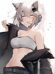 Rule 34 | 1girl, :d, absurdres, animal ear fluff, animal ears, arknights, bare shoulders, belt, black jacket, blush, breasts, cleavage, collarbone, fangs, flying sweatdrops, highres, jacket, lappland (arknights), long hair, looking at viewer, medium breasts, navel, off shoulder, open clothes, open jacket, open mouth, ponytail, scar, scar across eye, scar on face, silver hair, simple background, smile, solo, stomach, strapless, tab head, teeth, tube top, upper body, upper teeth only, white background, wolf ears, yellow eyes