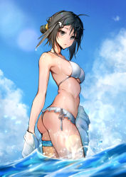 Rule 34 | 1girl, absurdres, ahoge, arknights, bikini, black hair, blue eyes, blue sky, blush, breasts, cloud, cloudy sky, cowboy shot, feather hair, ghosty (xiaobai), hair ornament, hairclip, highres, jacket, la pluma (arknights), la pluma (summer flowers) (arknights), looking at viewer, medium breasts, off shoulder, official alternate costume, open clothes, open jacket, outdoors, short hair, side-tie bikini bottom, sideboob, sky, solo, swimsuit, thighlet, wading, water, white bikini, white jacket