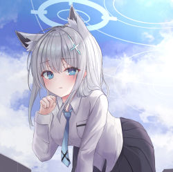Rule 34 | 1girl, absurdres, animal ears, bent over, black skirt, blue archive, blue eyes, blue necktie, blush, cloud, collared shirt, day, highres, long hair, looking at viewer, necktie, pu lona, shiroko (blue archive), shirt, skirt, sky, solo, white shirt