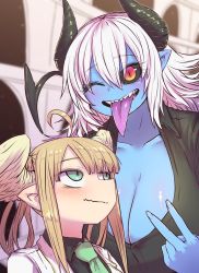 Rule 34 | 2girls, angel, angel wings, aohada bocchi, black shirt, blonde hair, blue skin, breasts, cleavage, colored skin, demon girl, dog girl, green eyes, green neckwear, head wings, highres, huge breasts, long hair, long tongue, mascot, multiple girls, necktie, one eye closed, pointy ears, red eyes, rian (aohada bocchi), ruri (aohada bocchi), sharp teeth, shirt, skirt, speech bubble, teeth, tongue, unbuttoned, v, white hair, white skirt, wings, wolf girl, zyugoya