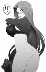 Rule 34 | !, 1girl, ass, blush, bottomless, bra, breasts, clothes lift, commentary request, fate/stay night, fate (series), glasses, greyscale, large breasts, long hair, long sleeves, looking at viewer, looking back, low-tied long hair, medusa (fate), medusa (rider) (fate), monochrome, namidame, open mouth, simple background, solo, spoken exclamation mark, square pupils, sweater, sweater lift, underwear, very long hair, white background