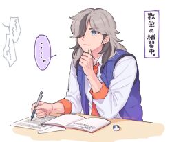Rule 34 | ..., 1boy, aqua eyes, arven (pokemon), blue vest, book, commentary request, creatures (company), desk, eraser, game freak, hair over one eye, hand on own chin, hand up, highres, holding, long hair, looking up, male focus, meshi (onigiri pkmn), necktie, nintendo, orange necktie, paper, pokemon, pokemon sv, shirt, signature, sleeves past elbows, solo, spoken ellipsis, stroking own chin, thinking, translation request, vest, white background, white shirt