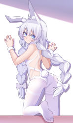 Rule 34 | 1girl, absurdres, against wall, animal ear fluff, animal ears, ass, azur lane, blue eyes, braid, feet, from behind, highres, le malin (azur lane), le malin (listless lapin) (azur lane), leg up, leotard, long hair, looking at viewer, looking back, lulalalaa, no shoes, official alternate costume, pantyhose, rabbit ears, silver hair, soles, solo, tail, thigh strap, thighband pantyhose, thighs, toes, twin braids, twintails, very long hair, white leotard, white pantyhose, wrist cuffs
