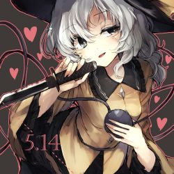 Rule 34 | 1girl, bad id, bad twitter id, blush, bow, combat knife, grey eyes, hat, hat bow, heart, hisona (suaritesumi), knife, komeiji koishi, long sleeves, looking to the side, open mouth, shirt, silver hair, skirt, solo, third eye, touhou, upper body, weapon, wide sleeves