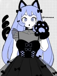 Rule 34 | 1girl, :o, alternate costume, animal ears, animal hands, black bow, black dress, blue eyes, boku no hero academia, bow, cat ears, cat paws, cat tail, commentary request, dress, hadou nejire, hair bow, hand up, highres, long hair, looking at viewer, mommorua, open mouth, solo, tail, twitter username