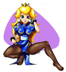 Rule 34 | 1girl, absurdres, alternate costume, asesimio fur, blonde hair, blue dress, blue eyes, bracelet, breasts, brown pantyhose, capcom, china dress, chinese clothes, chun-li, chun-li (cosplay), commentary, cosplay, crown, dress, earrings, full body, highres, jewelry, long hair, looking at viewer, mario (series), nintendo, pantyhose, pelvic curtain, princess peach, puffy short sleeves, puffy sleeves, sash, short sleeves, signature, smile, solo, spiked bracelet, spikes, street fighter, super mario bros. 1, thighs